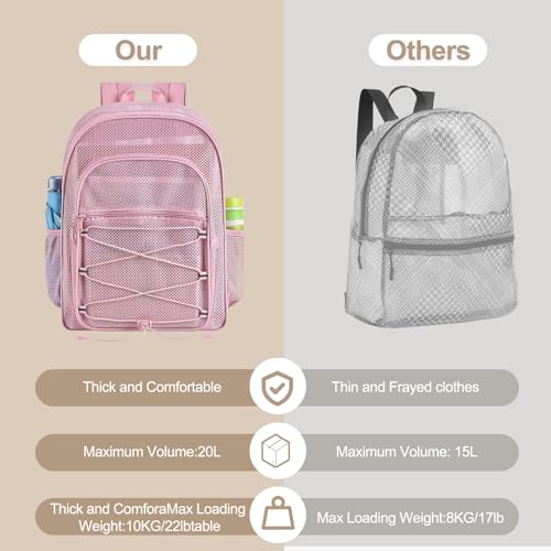 Pink Heavy Duty Mesh Backpack for Adults 20L Large Capacity Sports & Travel