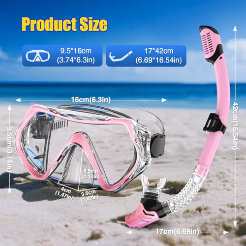 Adult Pink Snorkeling Mask Set with Dry Anti-Fog Snorkel - Impact-Resistant, Panoramic View