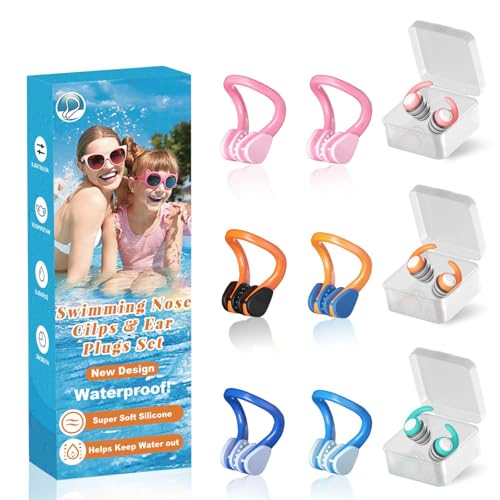 Swimming Nose Clip Ear Plugs - 9 Packs Silicone Swim Nose Plugs with Earplugs for Kids,Waterproof Pool Nose Plug for Diving Surfing and Other Water Sports with Storage Box,Multi-Color
