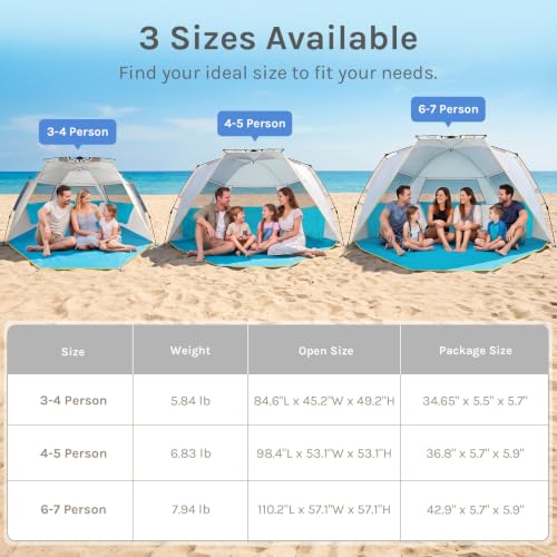 WolfWise Beach Tent Sun Shelter for 6-7 People - Blue, Easy Setup, Zipper Door