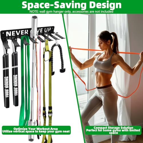 Home Gym Storage Rack with 8 Hooks for Barbells Resistance Bands Jump Ropes - Wall Mount Organizer - Variation of Never