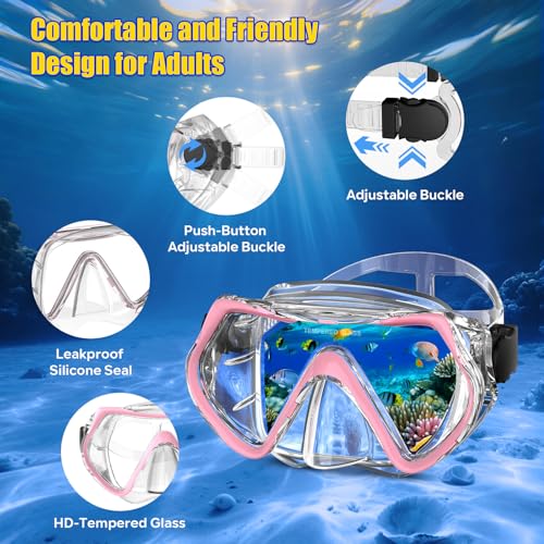 Adult Pink Snorkeling Mask Set with Dry Anti-Fog Snorkel - Impact-Resistant, Panoramic View