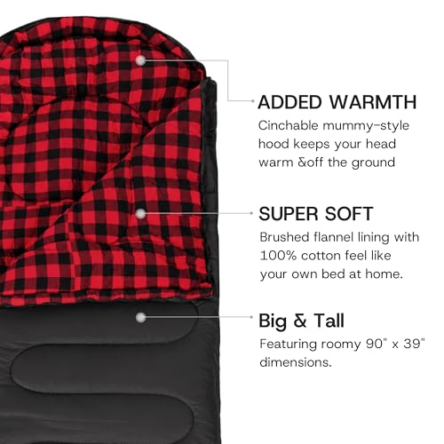 Red Sleeping Bag - 41-59℉ Flannel Camping Sack for Adults, XXL, 3-4 Seasons