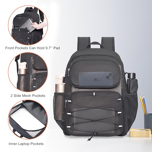 Mesh Backpack Heavy Duty See Through Mesh Bag with Paded Strap Large Capacity for Sports Hiking Travel Outdoor Beach, Black