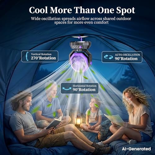 AJVV Camping Fan with Light - Purple, Portable Battery Operated Tent Fan with Remote & Oscillation