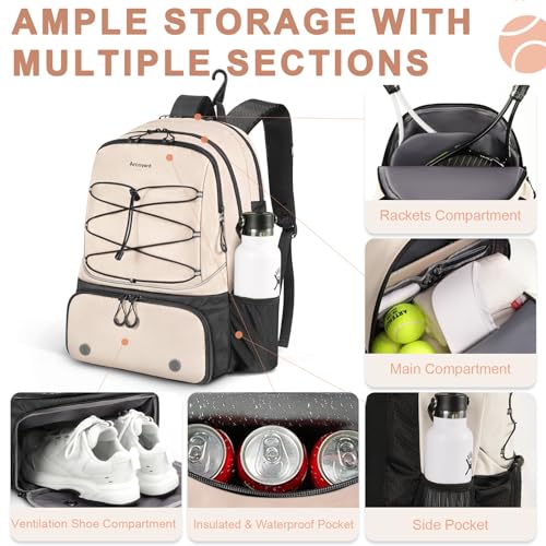 Arcoyard Beige Tennis Bag Holds 2 Rackets Backpack with Ventilated Shoe Compartment