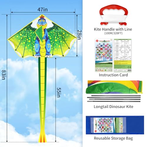 Large Dinosaur Kite for Kids 4-12 - Easy to Fly & Stable Outdoor Toy