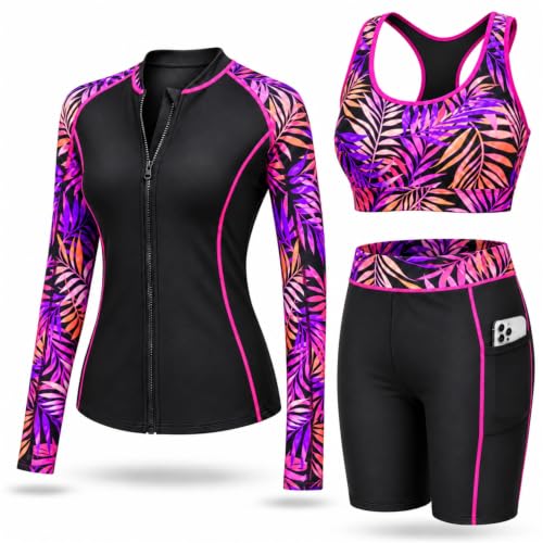 Women 3-Piece Rash Guard Swim Set with Long Sleeve Shirt and Pockets - Purple Leaves XL