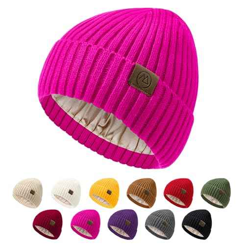 Unisex Satin Lined Beanie Warm Winter Hat Silk Lined Beanie for Women Men Knit Slouchy Hat