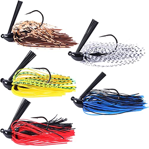 Bass Fishing Jigs Set 5pcs Silicone & Metal Weedless Lure 2.76in 0.35oz