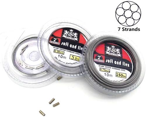 5LB-200LB 7 Strands Fishing Line Wire Leader Nylon Coated Stainless Steel Leader Wire with Crimps Sleeves