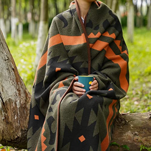 Merino Wool Blanket Throw for Camping 87x63 Green Flame Variation