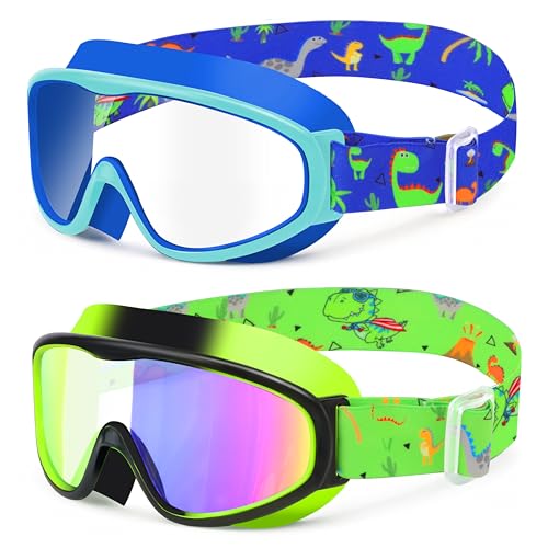 Kids Swim Goggles with Fabric Strap Anti-Fog - Dinosaur Green & Blue