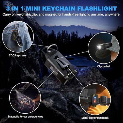EDC Keychain Flashlight Rechargeable with Red/UV/Black Light, 500 Lumens Super Bright Small Flashlights Powerful with 9 Modes & Waterproof, Clip on Mini Pocket Flash light Magnetic for Fishing Outdoor