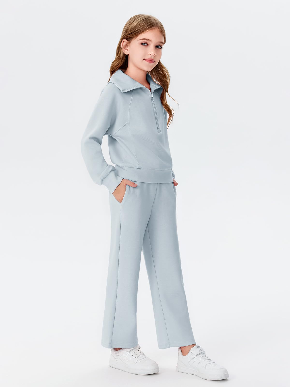Haloumoning Girls 2 Piece Outfits Sweatsuit Half Zip Long Sleeve Sweatshirts Sweatpants Tracksuit Sets 5-14 years