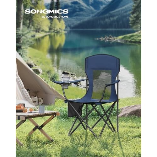 SONGMICS Breathable Camping Chairs, Foldable Outdoor Chairs Set of 2, High Back, Adjustable Armrests, Drink Holder, Weight Capacity 330 lb, for Sports Garden Backyard, Harbor Blue UGCB028Q01