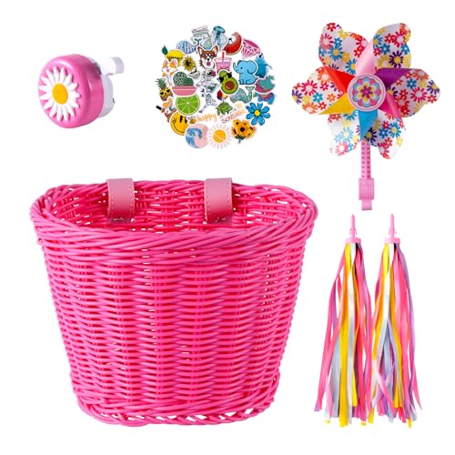 Pink Kids Bicycle Basket Set with Bell, Stickers, Windmill & Tassels