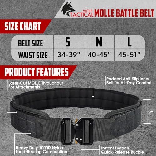 Wolf Tactical Molle Battle Belt - Black Medium 40-45 Combat Duty Belt
