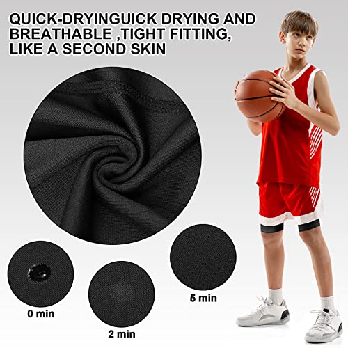 Kids Compression Shorts with Pockets - Large Black White Gray 3 Pack