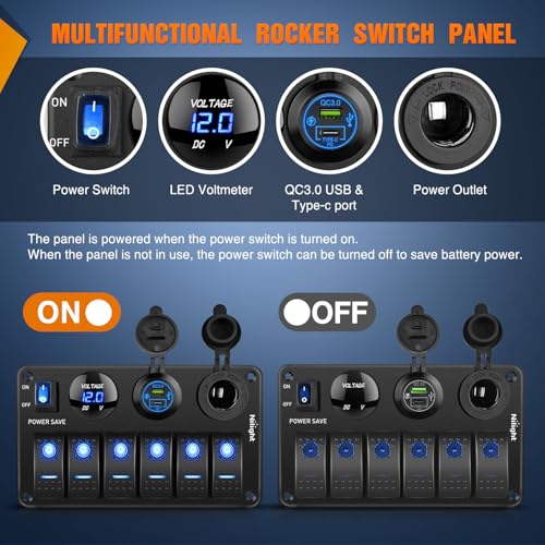 Nilight 6 Gang Rocker Switch Panel with Power Control Blue - 12V/24V