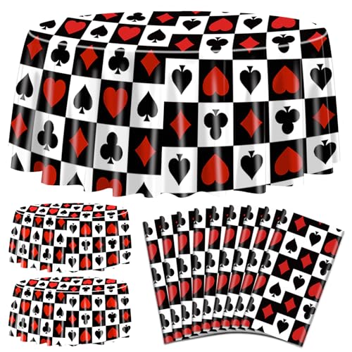 9Pcs Casino Tablecloths Set - 84 x 84 Inch Round Poker Party Cover, Casino Theme Decorations