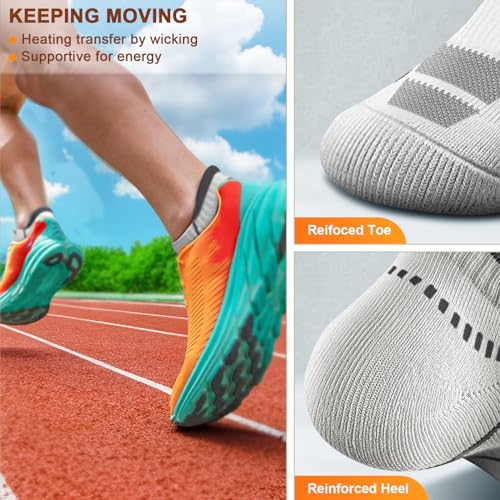 Men's Running Ankle Socks 6 Pack - Cushioned Support Low Cut No Show, White/Black/Gray 10-12