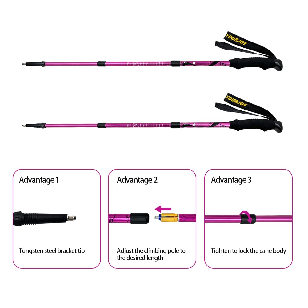 Yourjoy Hiking Trekking Poles, 2 Pack Anti Shock, Adjustable, Collapsible Hiking Poles for Trekking or Walking, Lightweight Aluminum Sticks for Children (Child-Pink)