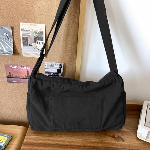 Canvas Messenger Bag for Women & Men - Casual Crossbody Satchel Black