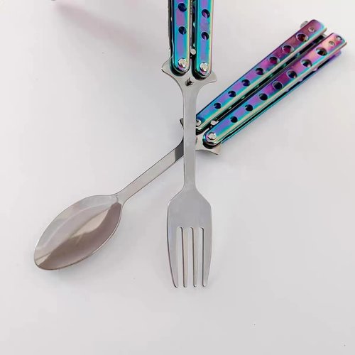 Butterfly Fork and Spoon Set 2 Pcs, Tactical Stainless Steel Folding Butterfly-Open Style, Camping Hiking Kitchen BBQ Grill Picnic Flatware Utensil (Colorful)