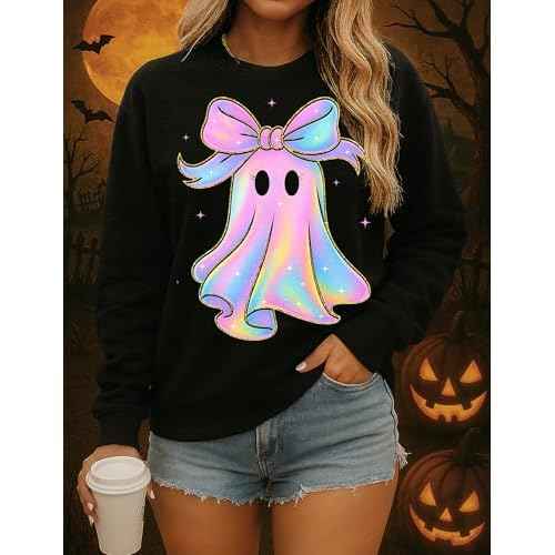 Halloween Sweatshirt Women Spooky Season Cute Black Cat Ghost Sweatshirts Fall Embroidered Pullover Top