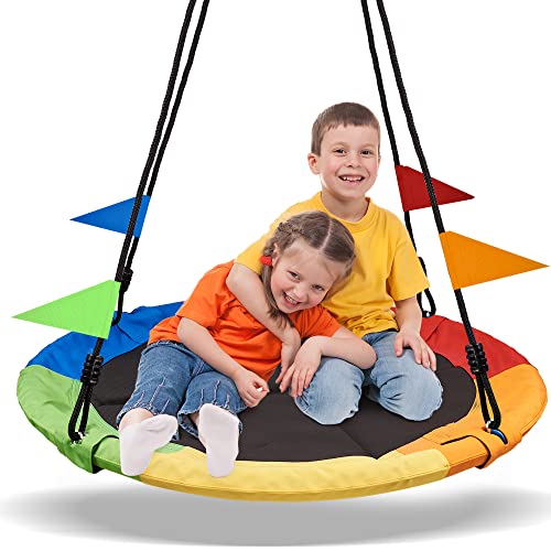 Rainbow Color 40 Inch Saucer Tree Swing Flying Seat - 600lb Capacity, Adjustable Ropes
