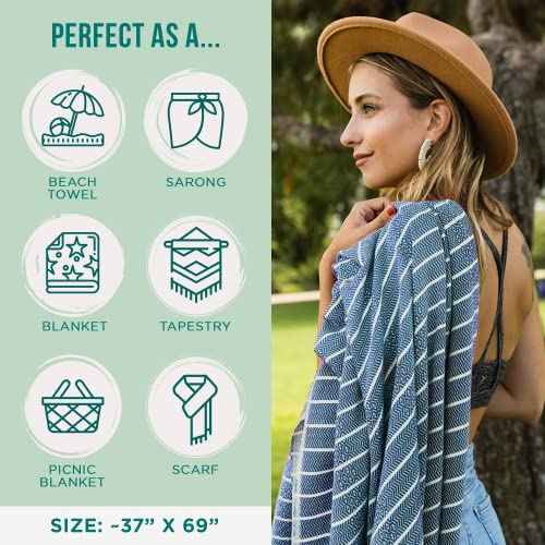 Sand Cloud Turkish Beach Towel - Sand Proof - 100% Certified Organic Turkish Towel - Quick Dry Towel for Beach, Picnic, Blanket or Bath Towel - As Seen on Shark Tank - Gocek (Denim)