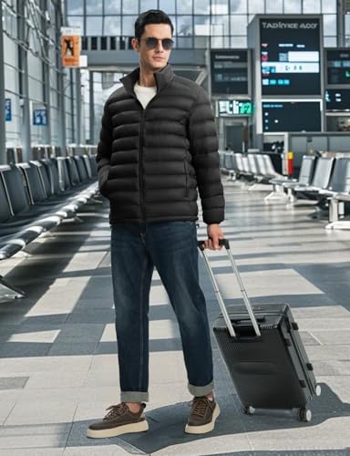 Men's Lightweight Puffer Jacket with Detachable Hood Water-Resistant Winter Coat - 4X-Large Black