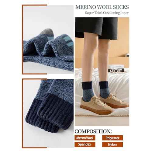 Wool Socks for Mens, 5 Pairs Thermal Warm Hiking Super Thick Crew Work Cushion Sock for Men Winter Cold Weather