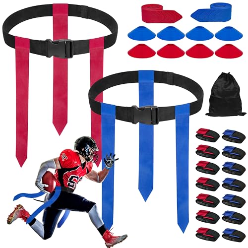 Flag Football Belts Set with 42 Flags, 8 Practice Cones & Carry Bag - 14 Player Adjustable