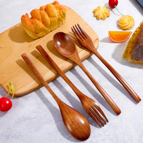 4Pcs Wooden Spoons and Forks for Eating Utensil Set, Korean Wooden Spoon Fork Cutlery Set Reusable Kitchen Wood Dinner Flatware Tableware for Travel and Camping