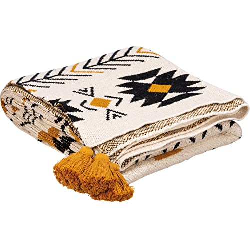 Primitives by Kathy Decorative Cotton Throw Blanket - Saffron & Black Aztec Design 50x60