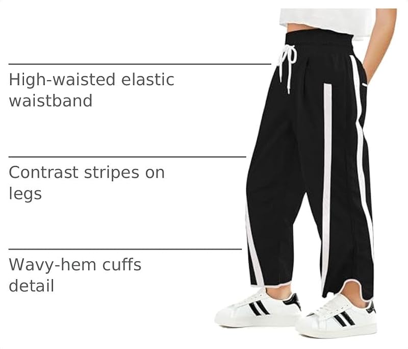 Kids Baggy Track Pants with Stripes for Girls 9-10 Years Black - Hip Hop Dance Outfit