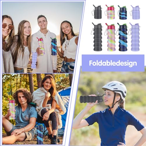 Foldable 16 oz Silicone Water Bottles Set with Metal Clip – Reusable Travel Hydration Cups