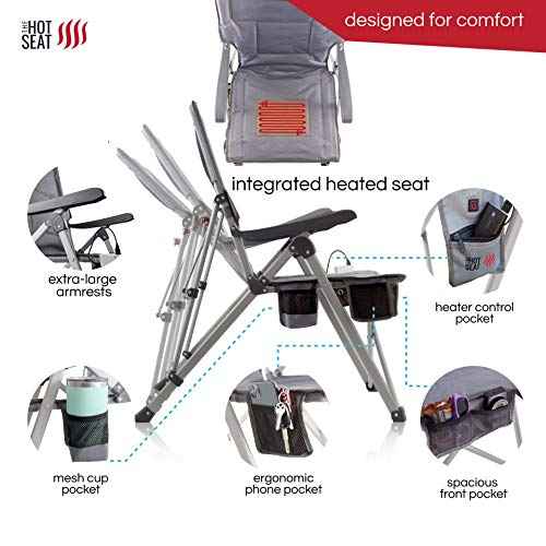 POP Design Hot Seat USB Heated Folding Camping Chair, Portable Reclining Padded Outdoor Chair w/Cup Holder, Storage Pockets, Waterproof 600D Polyester, 300 lb Capacity (Battery Not Included), 1-Pack