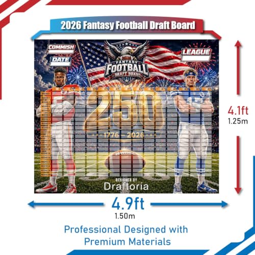 Fantasy Football Draft Board 2026-2027 Patriotic 250th Anniversary Design, 59x49 Inches