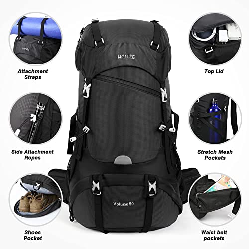 HOMIEE 50L Waterproof Hiking Backpack Travel Rucksack - Black