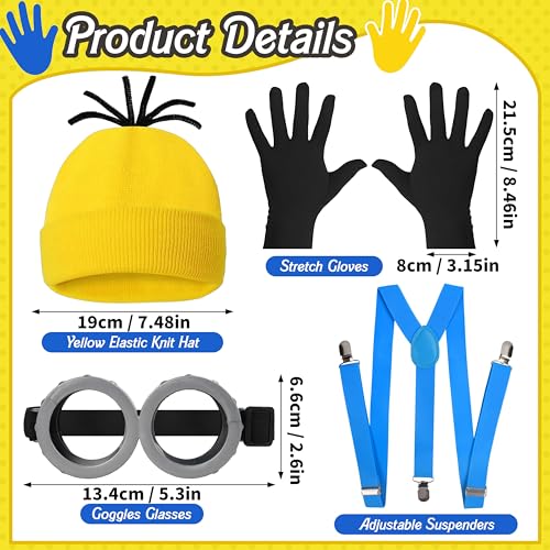 5 Pcs Halloween Yellow Costume Accessories for Adult, Yellow Beanie Hats, Goggles Glasses, Elastic Suspenders, Black Gloves for Halloween Dress Up Men Women Cosplay Party