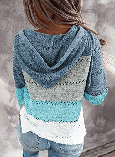 Women's Striped Crochet Fall Hoodie Sweater Large Blue Casual Knitwear