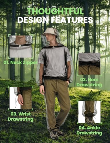 Mosquito Suit for Adults - Mesh Bug Proof Jacket & Pants Set, Large, Black - Insect Protection Clothing