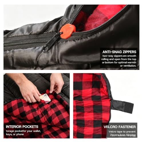 Red Sleeping Bag - 41-59℉ Flannel Camping Sack for Adults, XXL, 3-4 Seasons