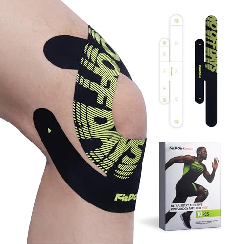 Motion Precut Kinesiology Tape for Knees, 10 Pcs Ultra-Sticky Adhesive Synthetic Knee Tape, Pain Relief & Knee Support, Latex-Free Elastic Athletic Tape, Jet Black