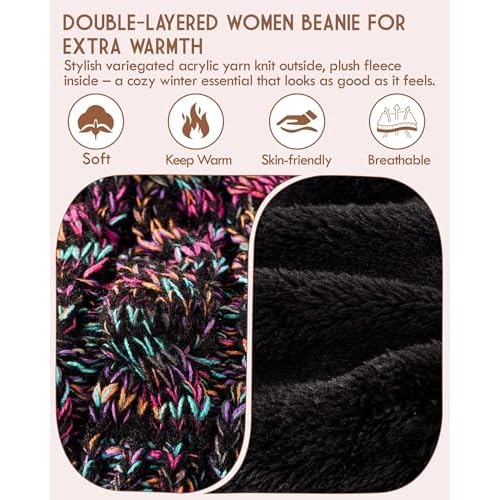 Winuesa Winter Hats for Women with Pom Pom, Womens Beanie Fleece Lined for Cold Weather, Multicolor Ski Skull Cap for Ladies