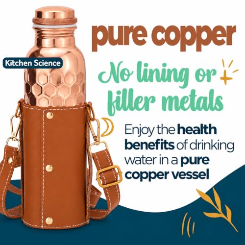 Copper Water Bottle with Leather Sling - 34oz Ayurvedic Honeycomb Design, Tan Brown