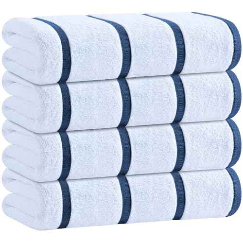 White Classic Cotton Pool Towels Oversized 30 x 60 Inches, Ultra Absorbent and Low Lint Striped Beach Towels for Adults, Stripes Design Luxury Extra Large Bath Towels, Navy Blue, 4 Pack